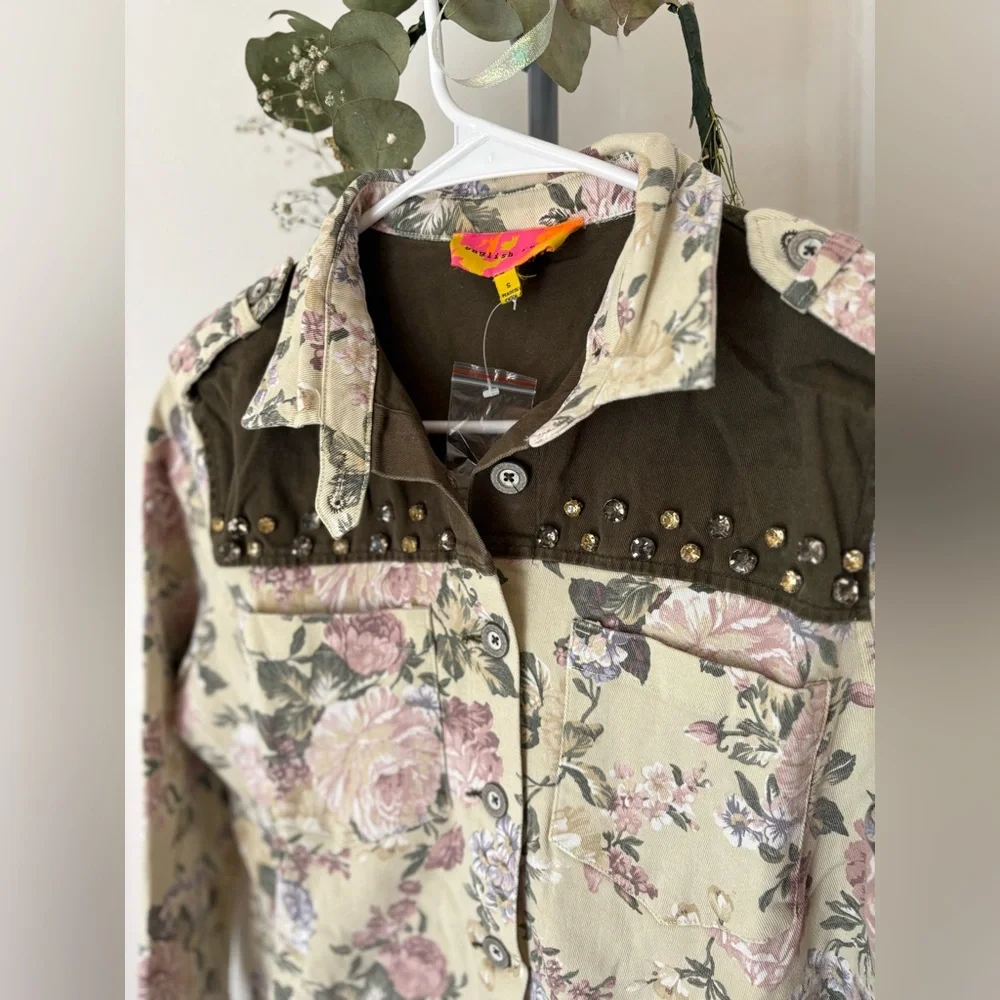 Rare Y2K Cottagecore Jacket Floral Print Beige Vintage Button Up Embellished S - Picture 2 of 6